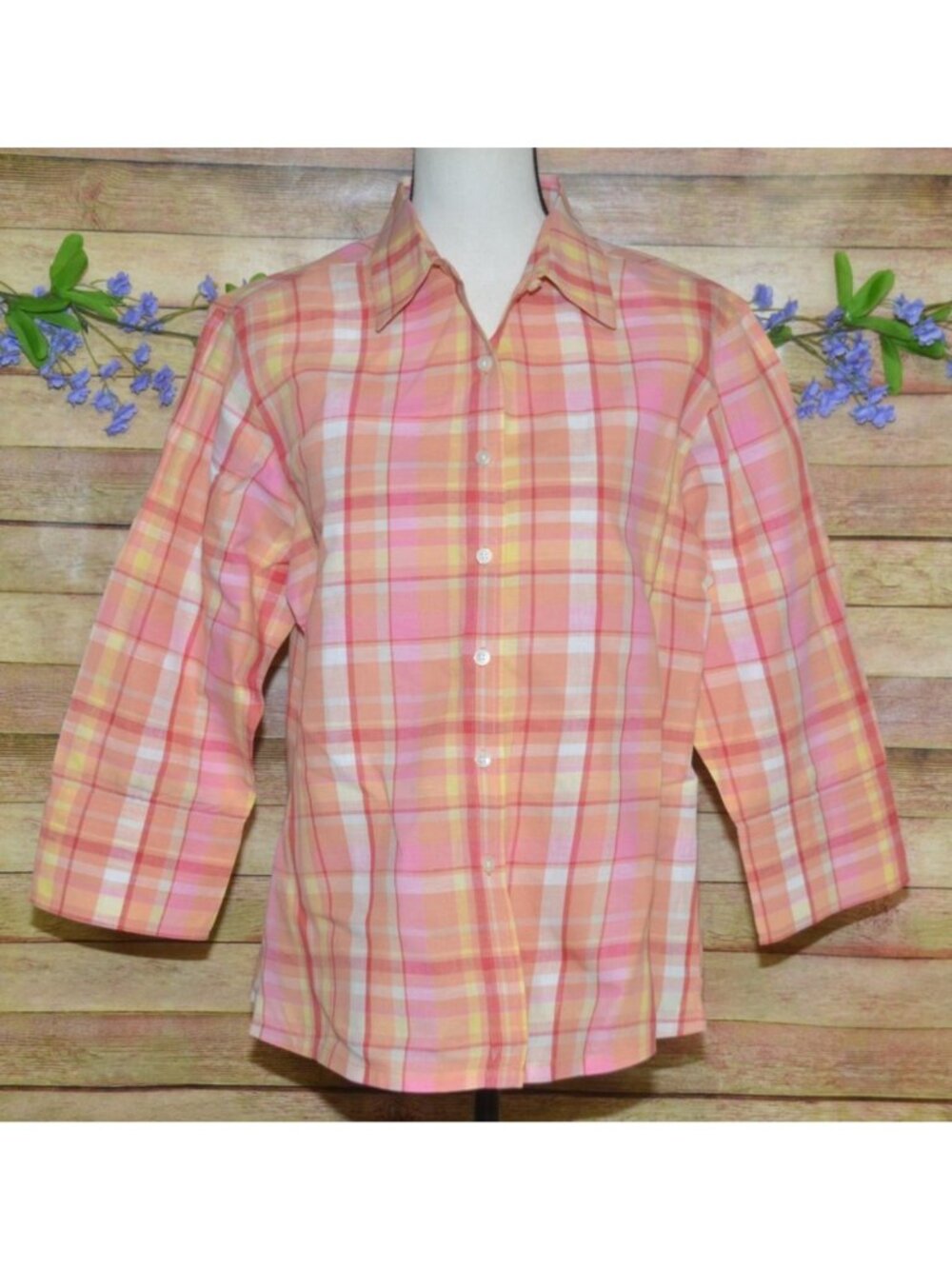 Talbots Ladies L Petite Peach Plaid Button Up Shirt Irish Linen Blend 3/4 Sleeve